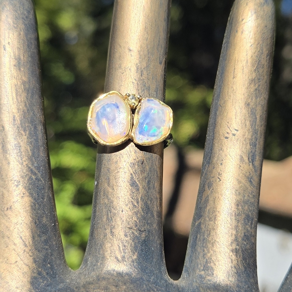 Opal Dual 6k Each Natural Gemstone Sterling Rhodium & Gold Ring Sz6.75 - Picture 4 of 10